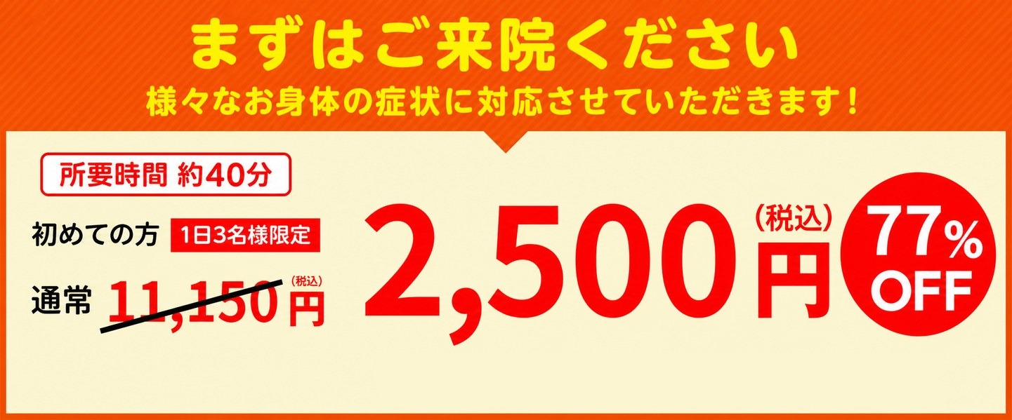 まずはご来院ください 初めての方1日3名様限定 通常11,150円が2,500円（税込）77%OFF 所要時間約40分